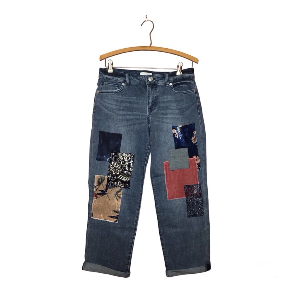 LOGO by Lori Goldstein Limited Edition Velvet Patchwork Jeans Medium Wash 6P